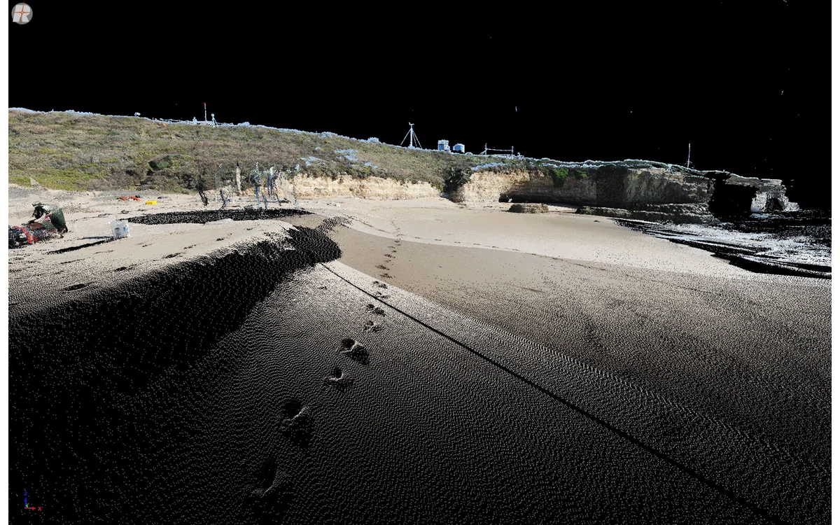 Colorized terrestrial LiDAR visualization of Younger Lagoon showing sampled land surfaces against a black background.
