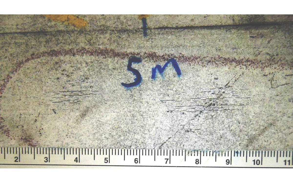 Pipeline surface with magnetic-particle indications and a millimetre scale.